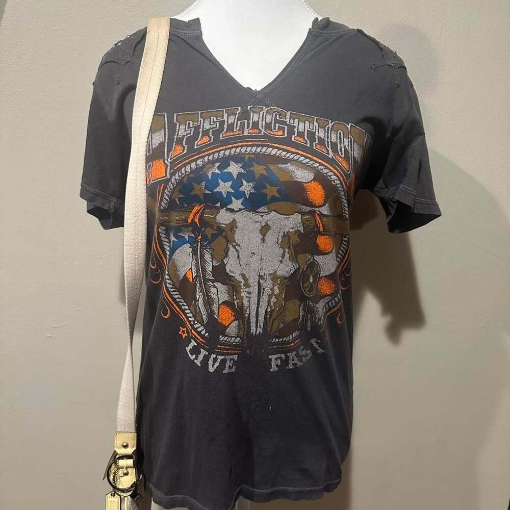 Affliction Black Short Sleeve Graphic Tee with Orange and Blue Detail